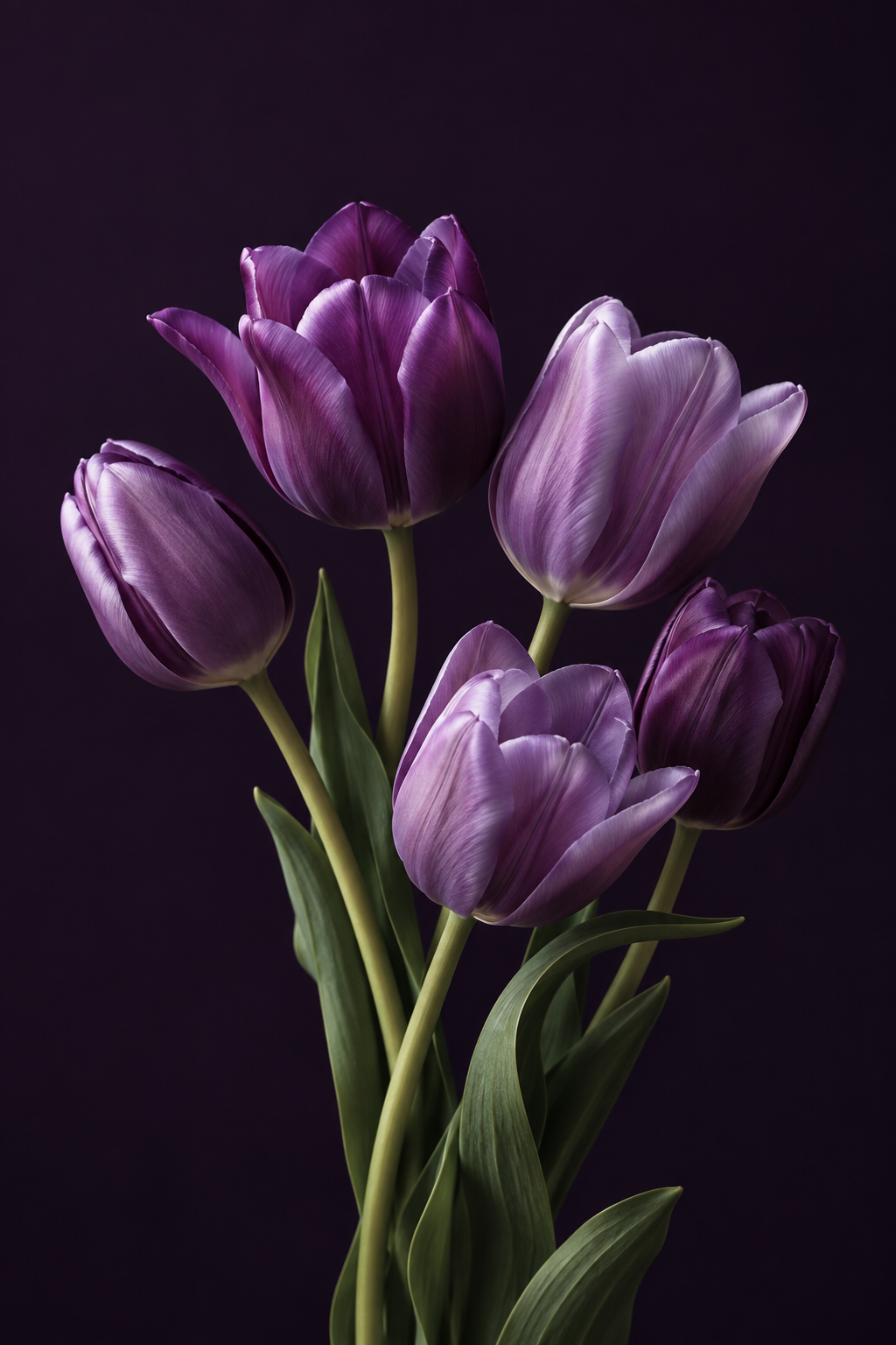 Soft lavender and purple tulips against a deep purple background